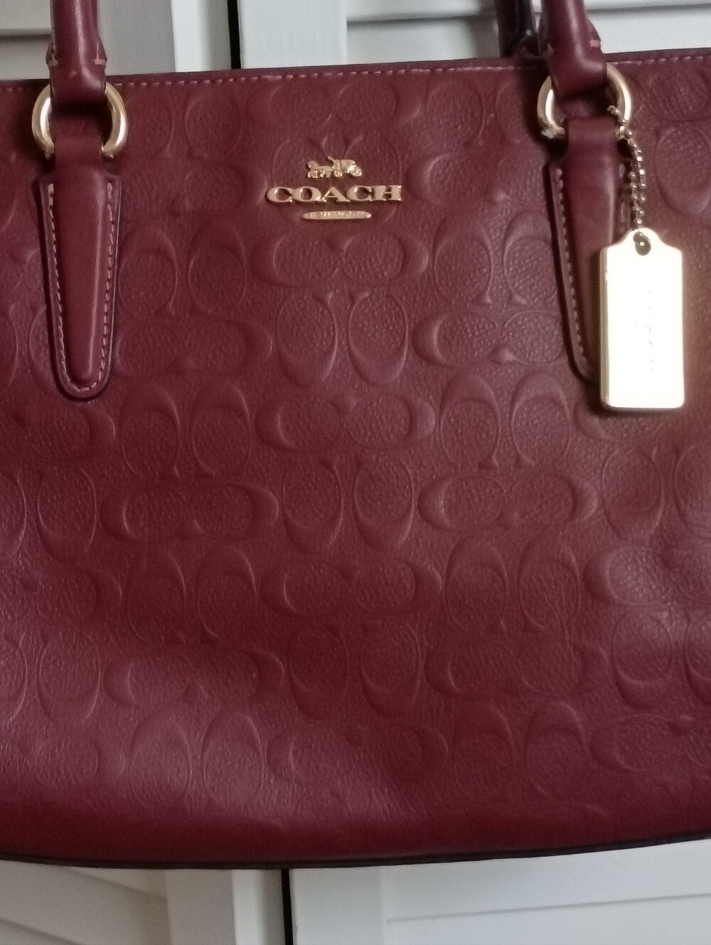 Coach Surrey Carryall Wine Red Signature Debossed Leather Satchel F78751 - Picture 6 of 10